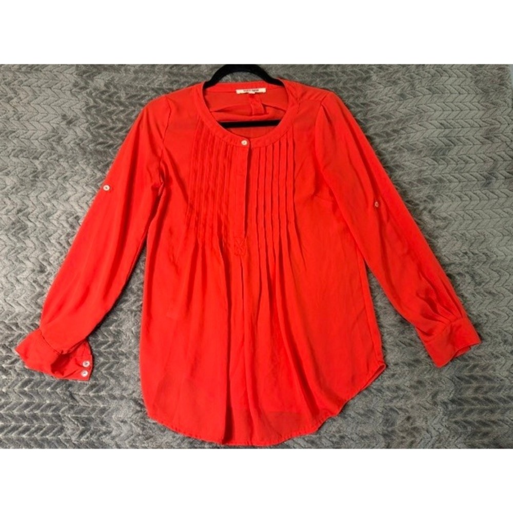 Daniel Rainn Womens XS Pleated Pintuck Roll Tab Sleeve Blouse Top 0220